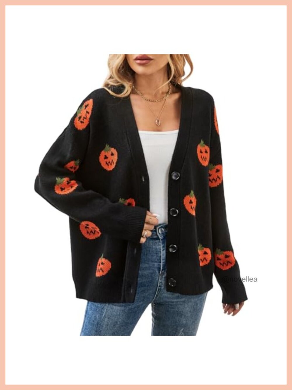 Women's Halloween Pumpkin Knit Cardigan Long Sleeve Button Down V-Neck